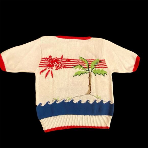 Vintage80s Cruise Wear Sweater Ships Tropical Palms All Around Ramie/Cotton L - Picture 2 of 11